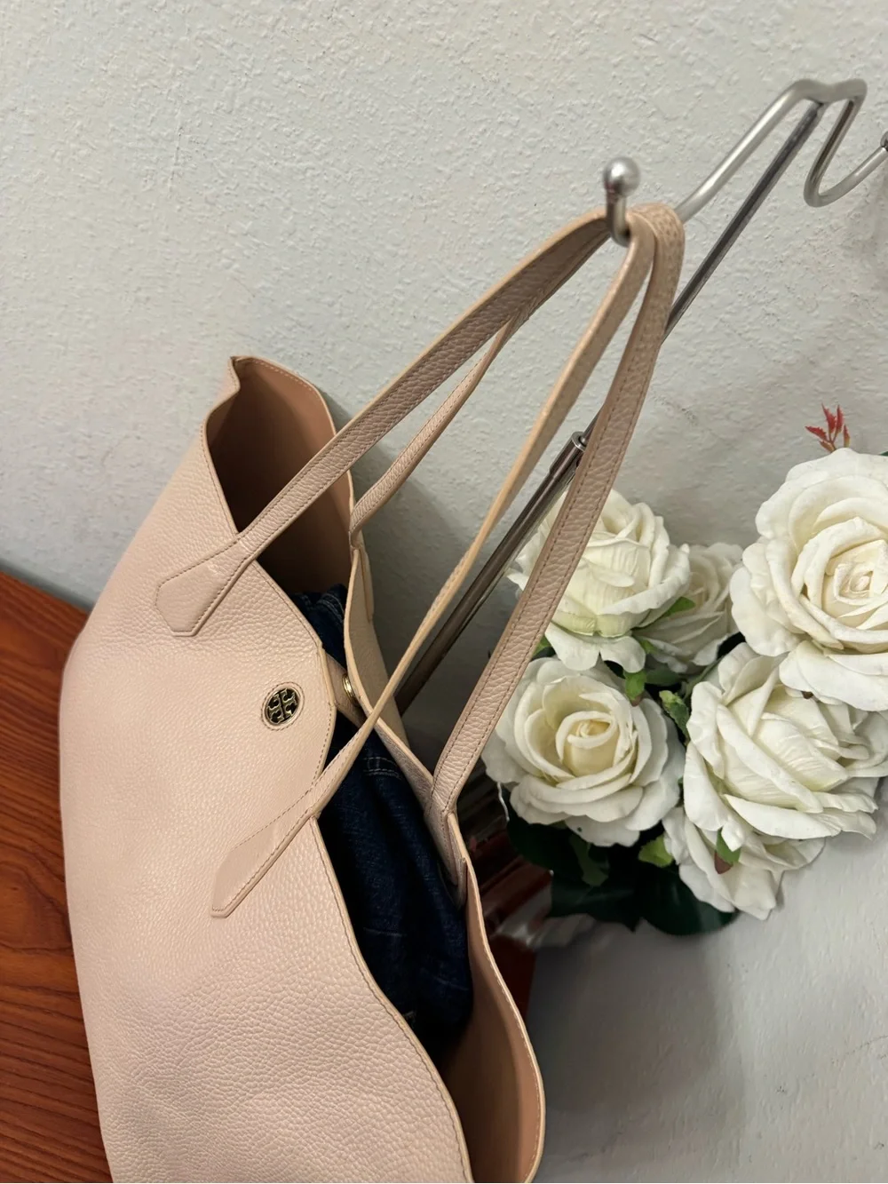 Tory Burch Light Blush Pebbled Leather Tote with Logo Disc